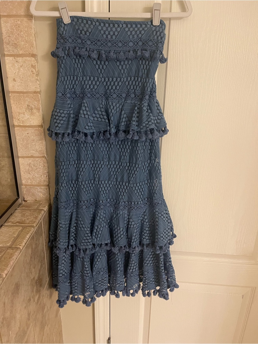 Tularosa Slate Blue Crochet Tiered Midi Skirt